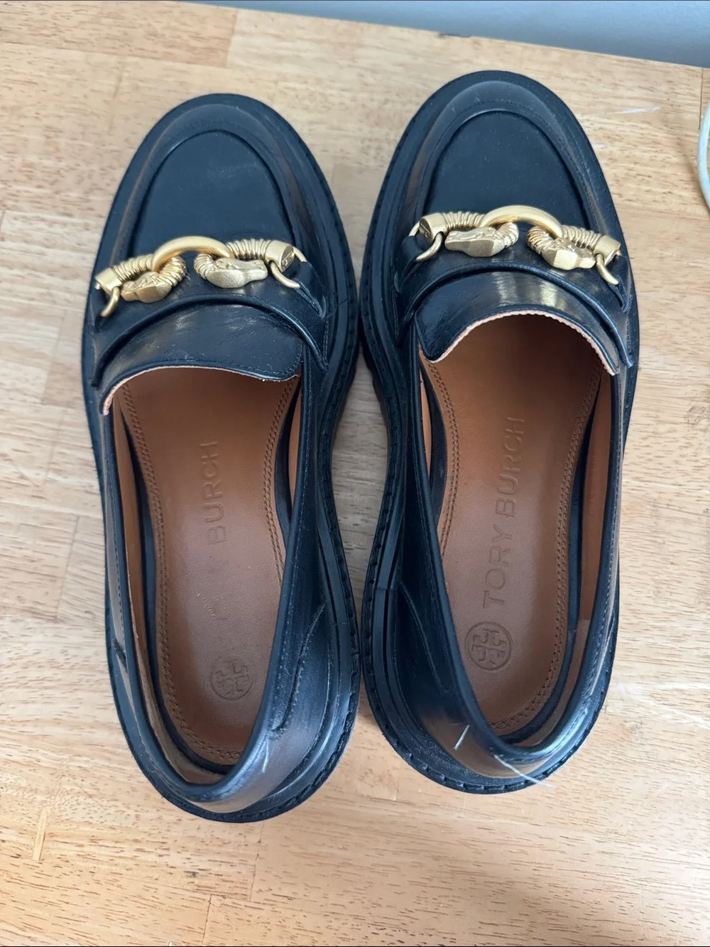 Tory Burch Black Leather Loafers with Gold Chain Detail